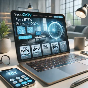 A realistic promotional image for an IPTV services post featuring a laptop displaying the FreeGoTV website homepage with highlighted features, against a modern desk background."