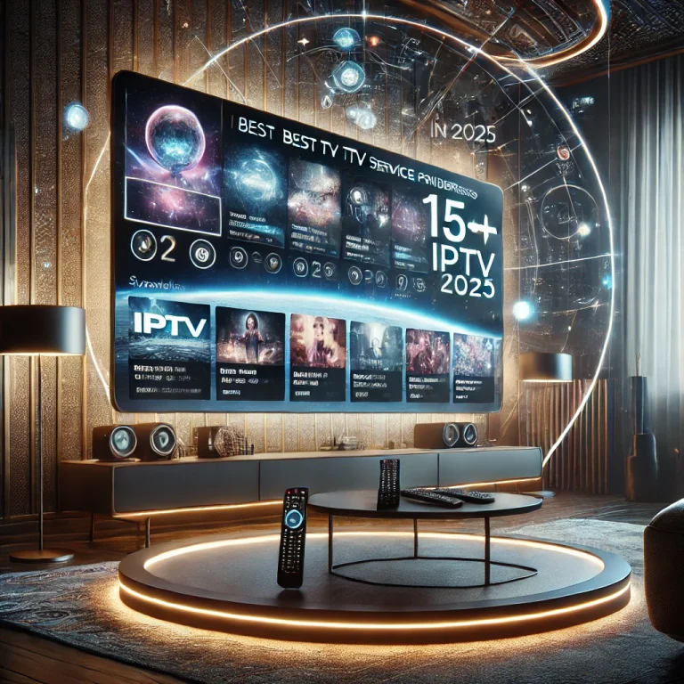 "A realistic and high-quality promotional design showcasing the best IPTV service providers and subscriptions in 2025. The image features a modern living room with a sleek smart TV displaying an advanced IPTV interface, including multiple channels and an electronic program guide (EPG), representing a futuristic and premium viewing experience."