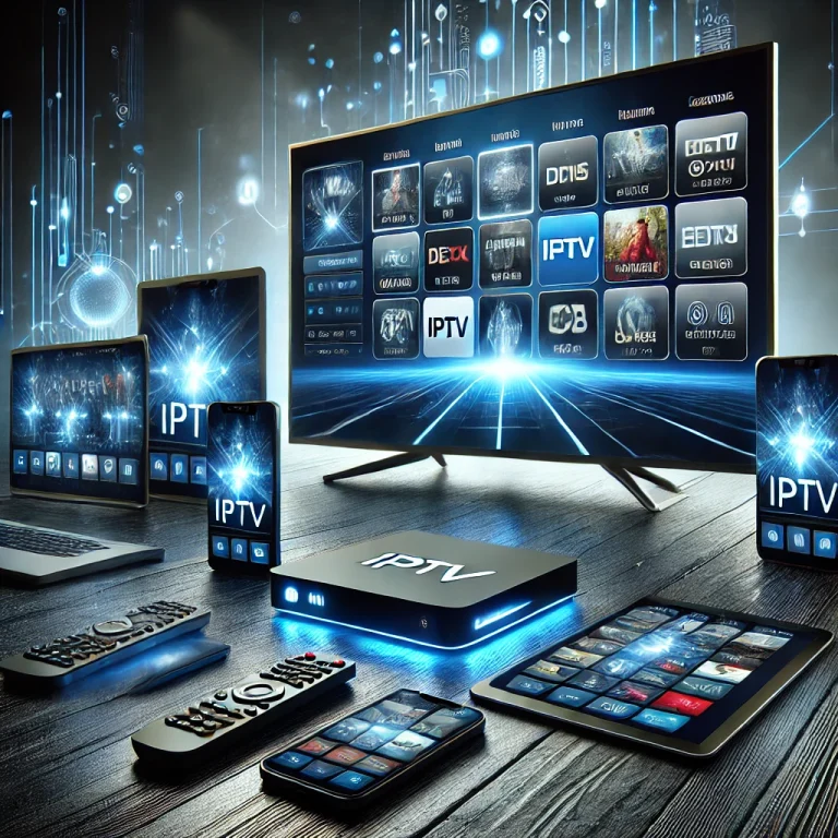 A high-quality promotional image for IPTV services, featuring a large flat-screen TV displaying a sleek and modern IPTV interface with vibrant visuals.