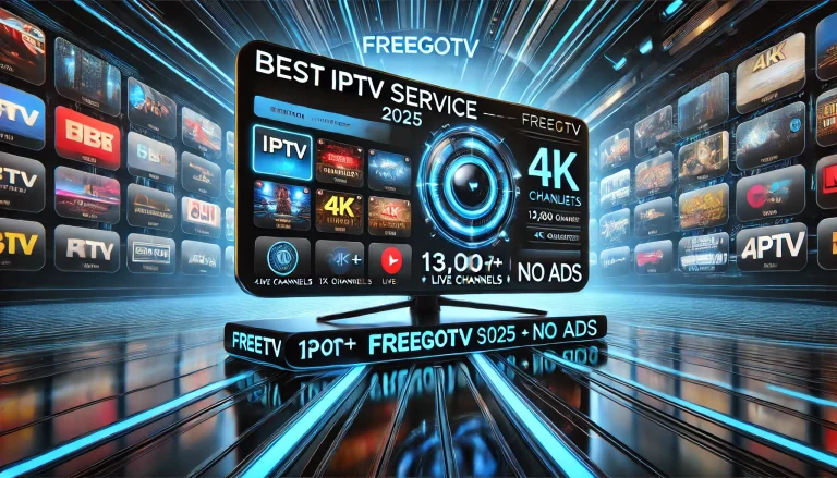 high-quality promotional image for FreeGoTV, showcasing IPTV streaming services on a modern TV screen with a vibrant user interface.
